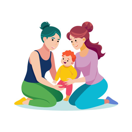 Two mothers support their child's first steps, showcasing family and childhood development in vibrant styleのイラスト素材