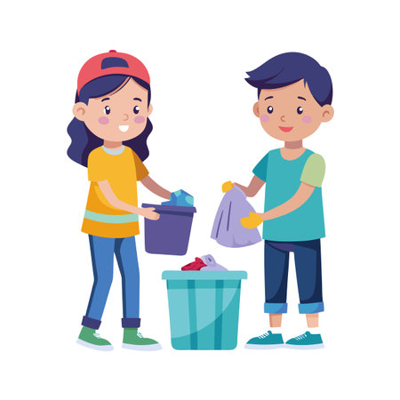 Two children cleaning up litter together around a trash can against white backgroundのイラスト素材