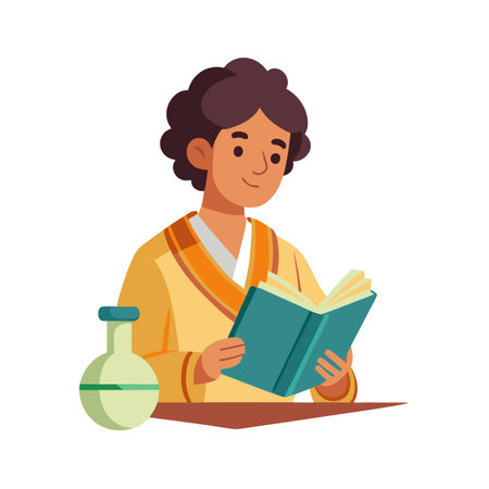 Illustration of a woman reading with a beaker on a tableのイラスト素材