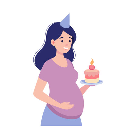 Pregnant woman holding a cake with a candle while wearing a party hatのイラスト素材