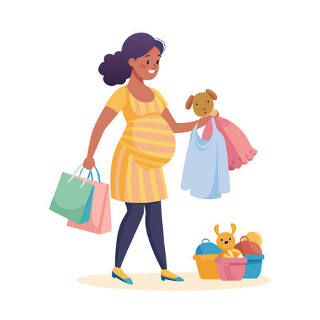 Pregnant woman shopping for baby clothes and toys with shopping bags and basketsのイラスト素材