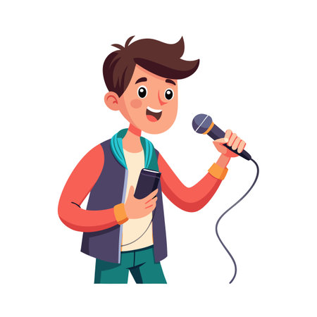 Enthusiastic young man singing into microphone, holding phone, isolated on white backdrop, cartoon illustrationのイラスト素材