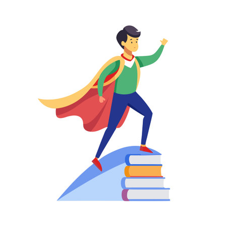 Aspiration and academic achievement: Young man in cape standing on books symbolizing success through educationのイラスト素材