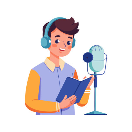 Cartoon man reading a book in front of a microphone wearing headphonesのイラスト素材