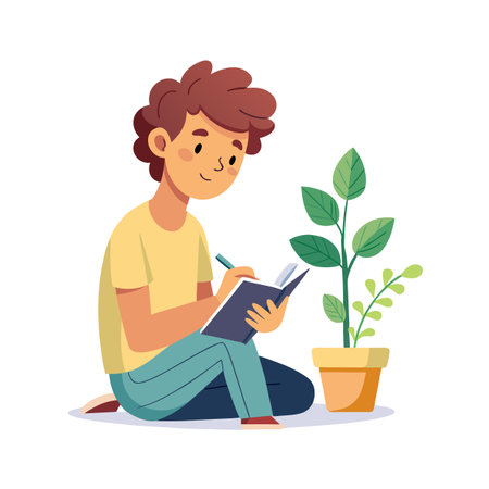 Young man journaling about plants, flat vector illustration featuring a student taking notes near a potted plantのイラスト素材