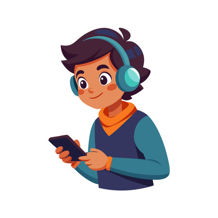 Young boy with headphones listening to music or playing games on his smartphoneのイラスト素材