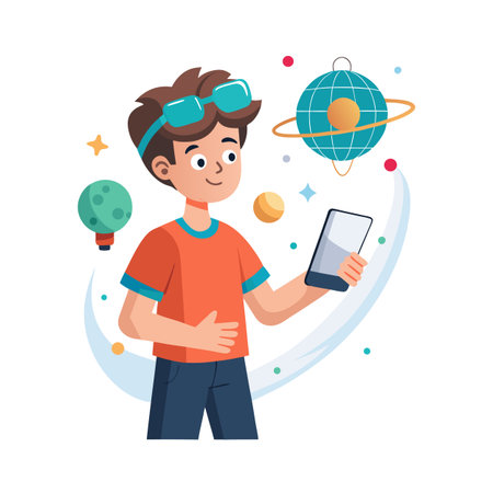 Boy using a tablet with planets and space elements floating around him illustrationのイラスト素材