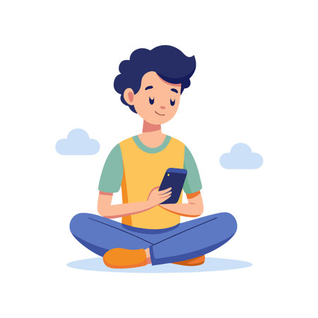 Young man sitting cross-legged using smartphone with cloud shapes background vector illustrationのイラスト素材
