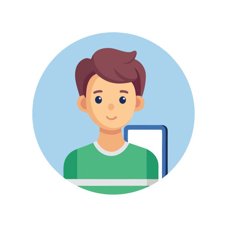 Illustration of a young man using a mobile device inside a blue circle frameのイラスト素材