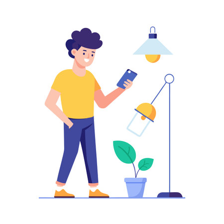 Young man using smartphone at home in minimalist flat vector illustration settingのイラスト素材