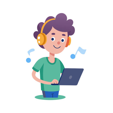 Young person using a laptop and wearing headphones, enjoying music in a simple vector styleのイラスト素材