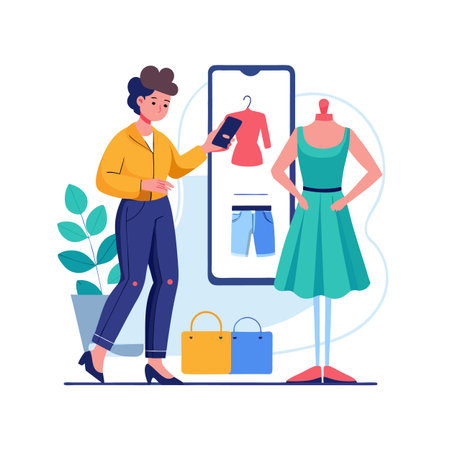 Woman using mobile for fashion shopping with dress mannequin and shopping bags vector illustrationのイラスト素材