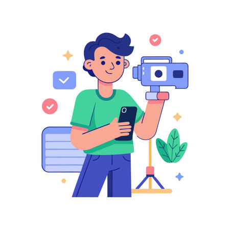 Young content creator filming video with camera on tripod and using a smartphoneのイラスト素材