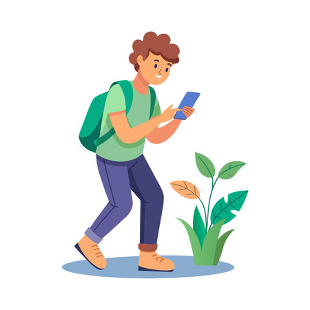 Young man with backpack checks his smartphone while walking near potted plants in a parkのイラスト素材