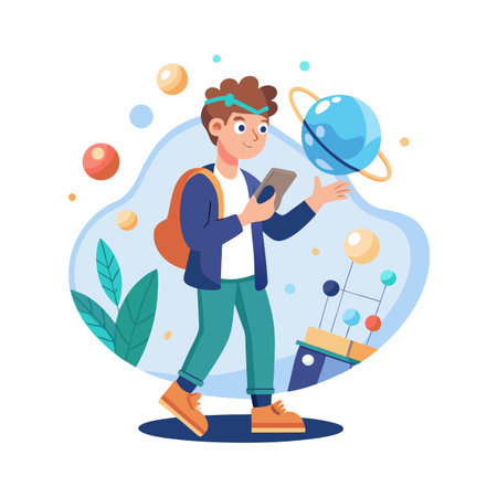 Boy exploring space and the solar system using technology flat vector illustrationのイラスト素材