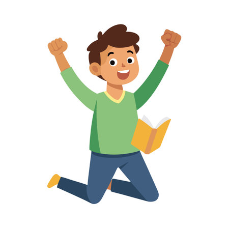 Excited student jumps with a book in hand, celebrating success and academic achievementのイラスト素材