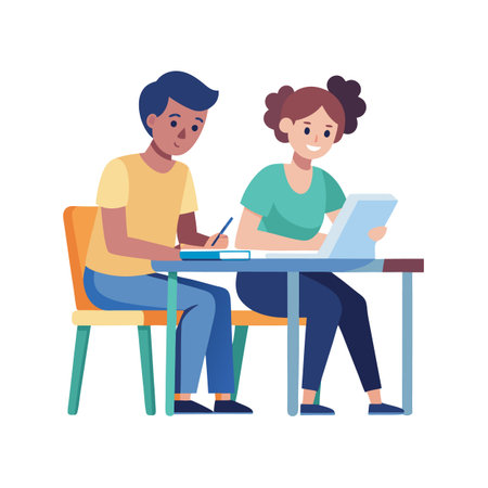 Two young students study together at a desk in a minimalist illustrationのイラスト素材