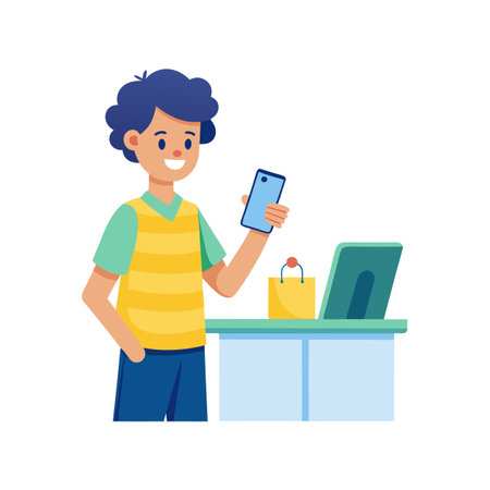 A young man using a smartphone after online shopping with a positive expressionのイラスト素材