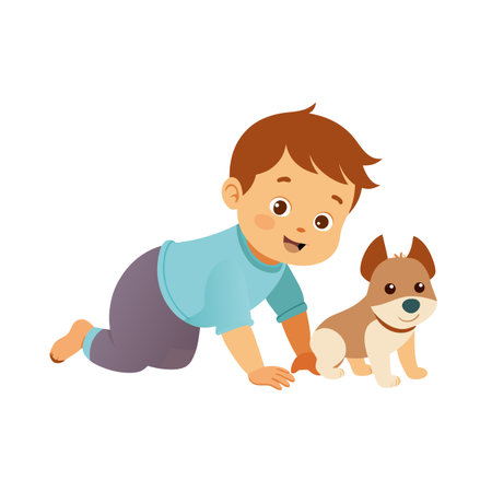Cute toddler crawling alongside a playful cartoon dog, illustrating friendship and carefree childhoodのイラスト素材