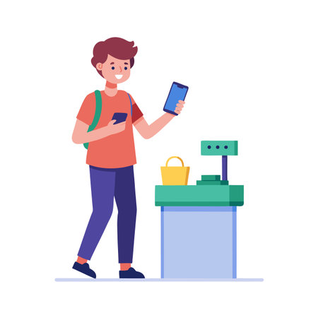 Young man using his phone near a self-checkout kiosk with a shopping basketのイラスト素材