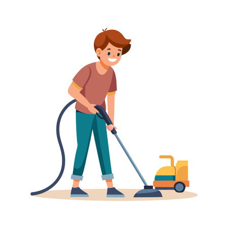 Smiling Man Cleaning Floor with Steamer Machine, Maintaining a Tidy and Fresh Homeのイラスト素材