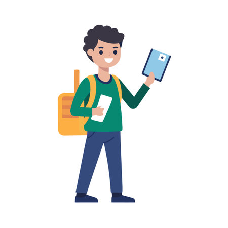 Cartoon student holding tablet with backpack and documents ready to go to schoolのイラスト素材