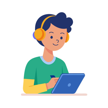 Cartoon character using tablet with headphones in vibrant flat design illustrationのイラスト素材