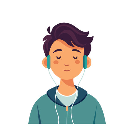 Boy with Headphones: A Relaxing Moment in Music and Style, Vector Illustrationのイラスト素材