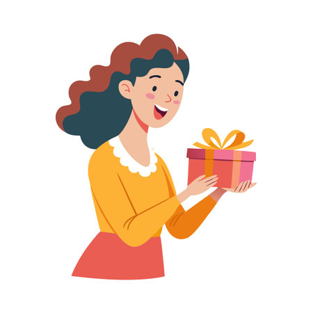 Excited woman holding gift box, concept of celebration and surprise, cartoon styleのイラスト素材