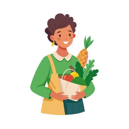 Young woman holding a tote bag full of fresh organic groceries in a cartoon styleのイラスト素材