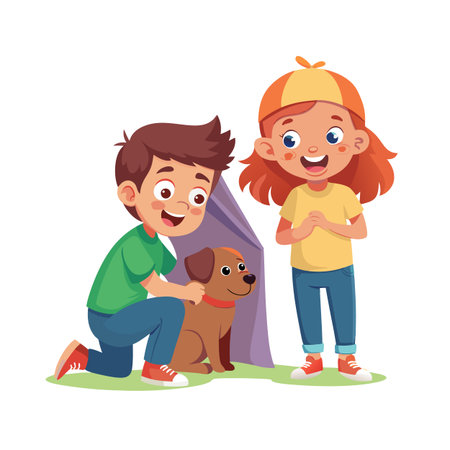 Cartoon children and a dog camping with a small tent, simple shapes styleのイラスト素材