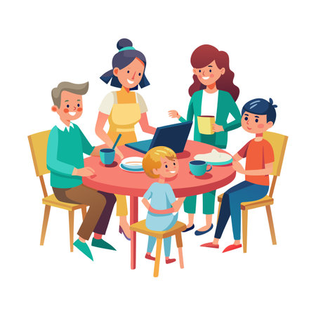 Family gathered around table with laptop working from home in vector style illustrationのイラスト素材