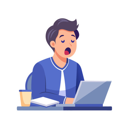 Cartoon Young Man Yawning at Desk While Working on Laptop Computerのイラスト素材