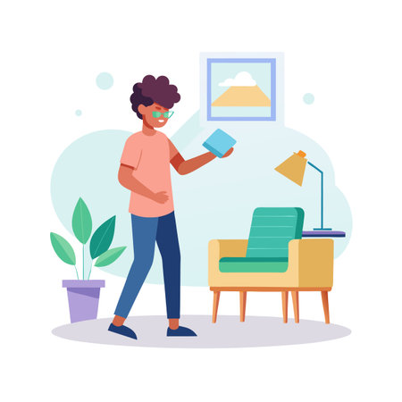 Illustration of a student reading a book at home with colorful interiorのイラスト素材