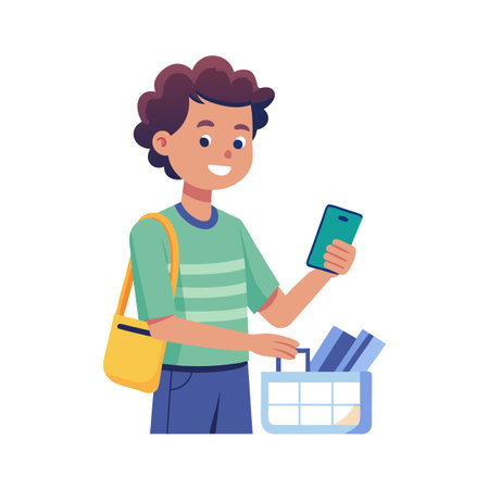 Happy young man using mobile phone while holding shopping basket with product boxesのイラスト素材