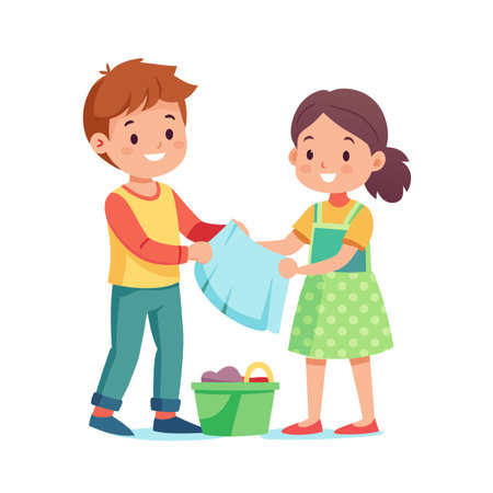 Children Working Together on Laundry Tasks with Bucket and Blue Cloth Illustrationのイラスト素材