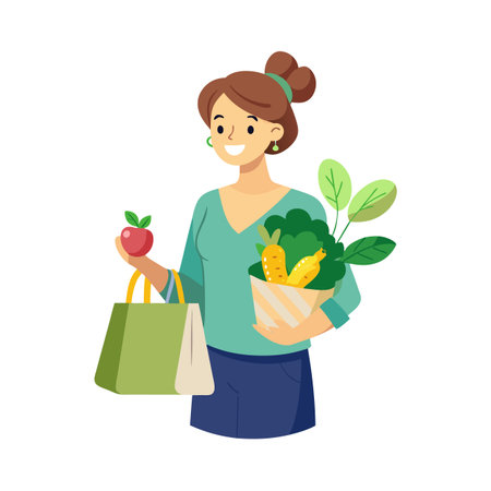 Woman carrying groceries: fresh produce, vegetables, fruit, and healthy food items in a bagのイラスト素材