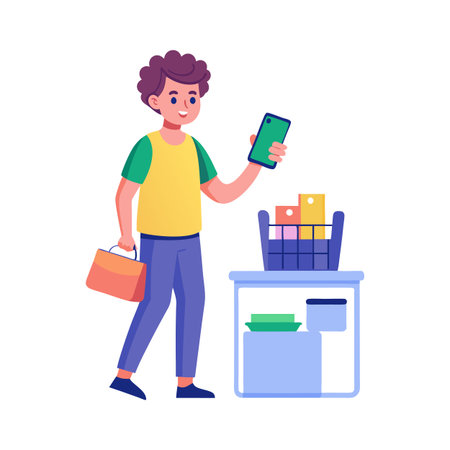 Boy holding smartphone near basket of products and shopping bag in a flat designのイラスト素材