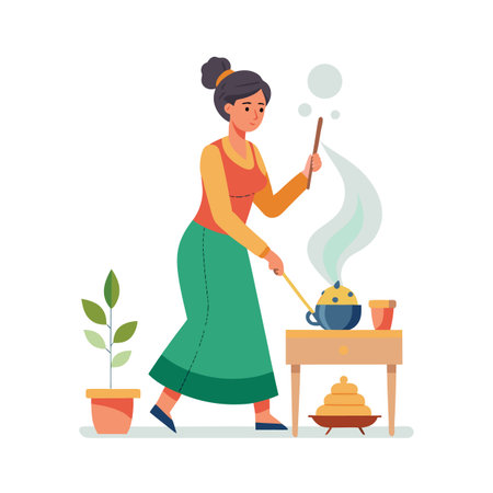 Woman preparing traditional medicine, stirring herbs in a pot on a table, vector illustrationのイラスト素材