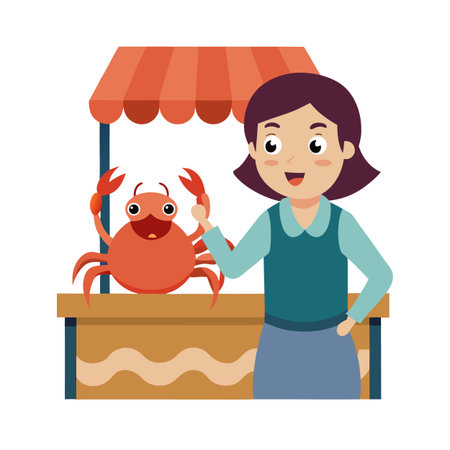 Cartoon woman stands next to a crab stand, promoting fresh seafood offerings happilyのイラスト素材