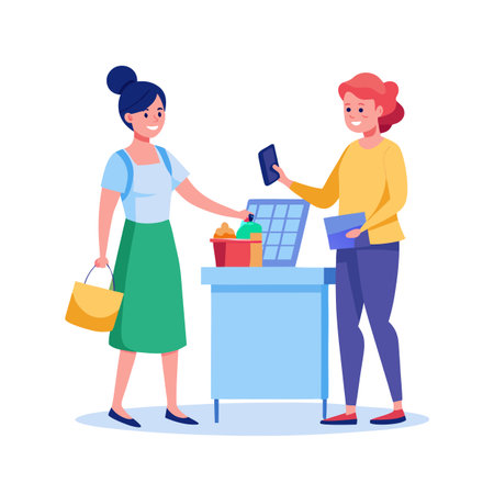 Flat illustration of two women checking out at a grocery store checkout counterのイラスト素材