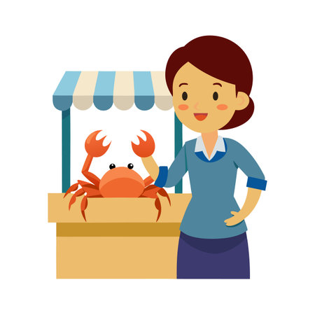 Cheerful woman selling a fresh red crab at a beachside market stall graphicのイラスト素材
