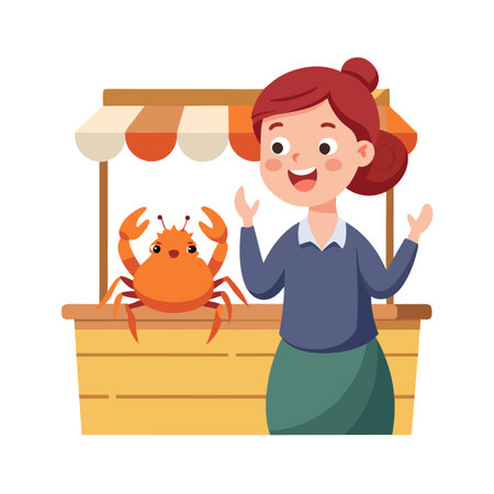 Happy woman selling an orange crab at a market stall illustration, cartoon styleのイラスト素材