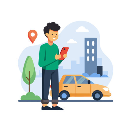 Man orders a ride in city scene, using phone with yellow car and treesのイラスト素材