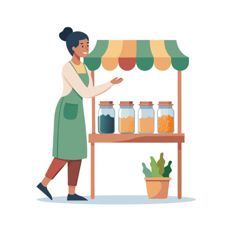 Friendly market vendor showcasing organic goods at a stall with jars and vibrant colorsのイラスト素材