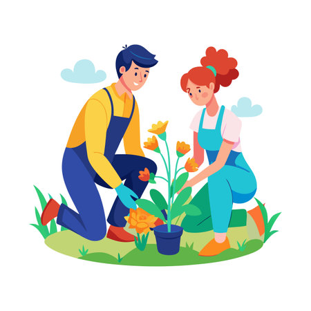Couple planting flowers in a pot in the garden with simplistic colorful flat designのイラスト素材