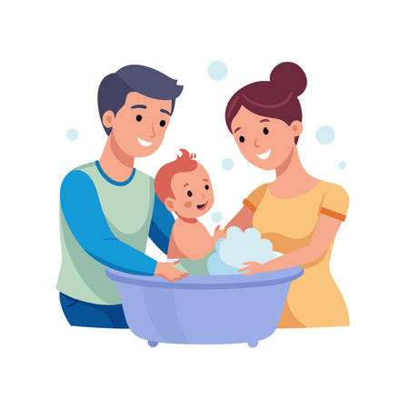Happy family bathing a baby in a blue bathtub with soap bubbles around themのイラスト素材