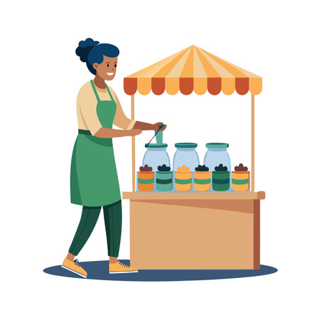 Cartoon Illustration of a Woman Selling Jams at a Striped Canopy Market Standのイラスト素材