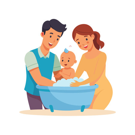 Happy family bathing baby in blue tub together, parents caring, flat style vectorのイラスト素材