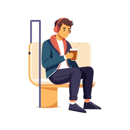 Young man relaxing with coffee and headphones on public transport seating, flat illustrationのイラスト素材